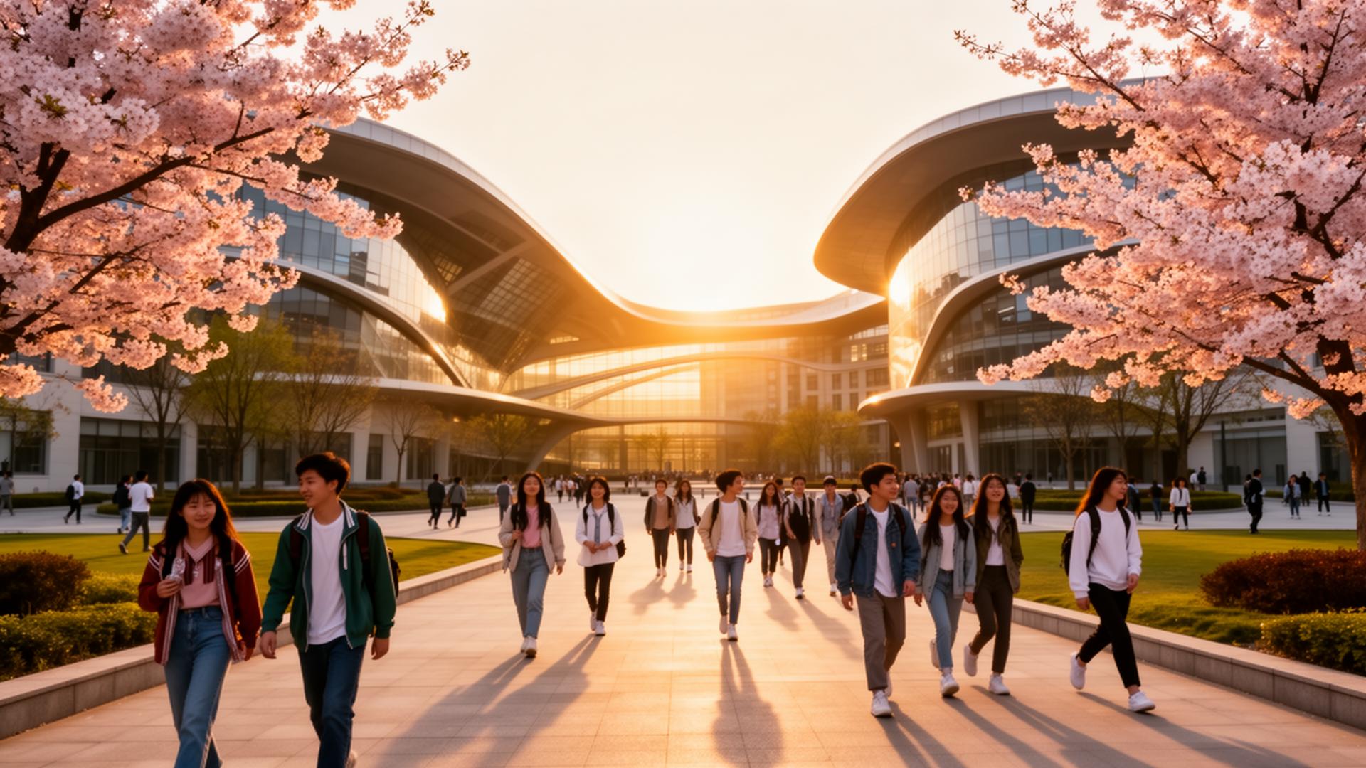 Students walking on a modern Chinese university campus at golden hour